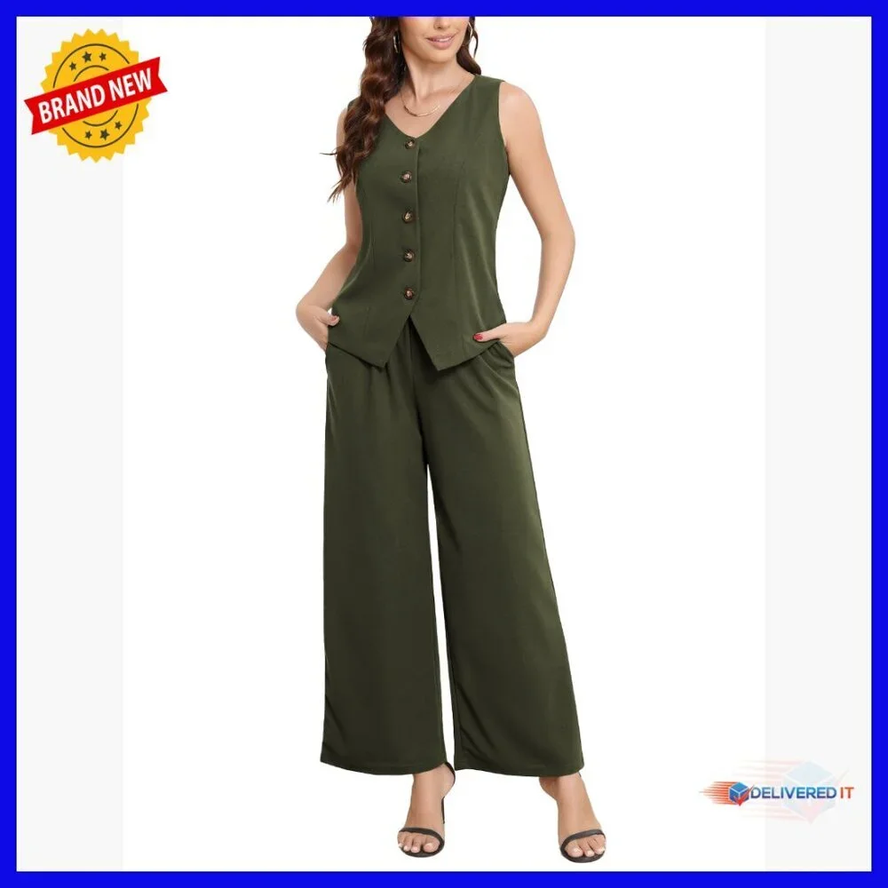 Sleeveless Vest Wide Leg Pants Set High Waist Business Casual Suit